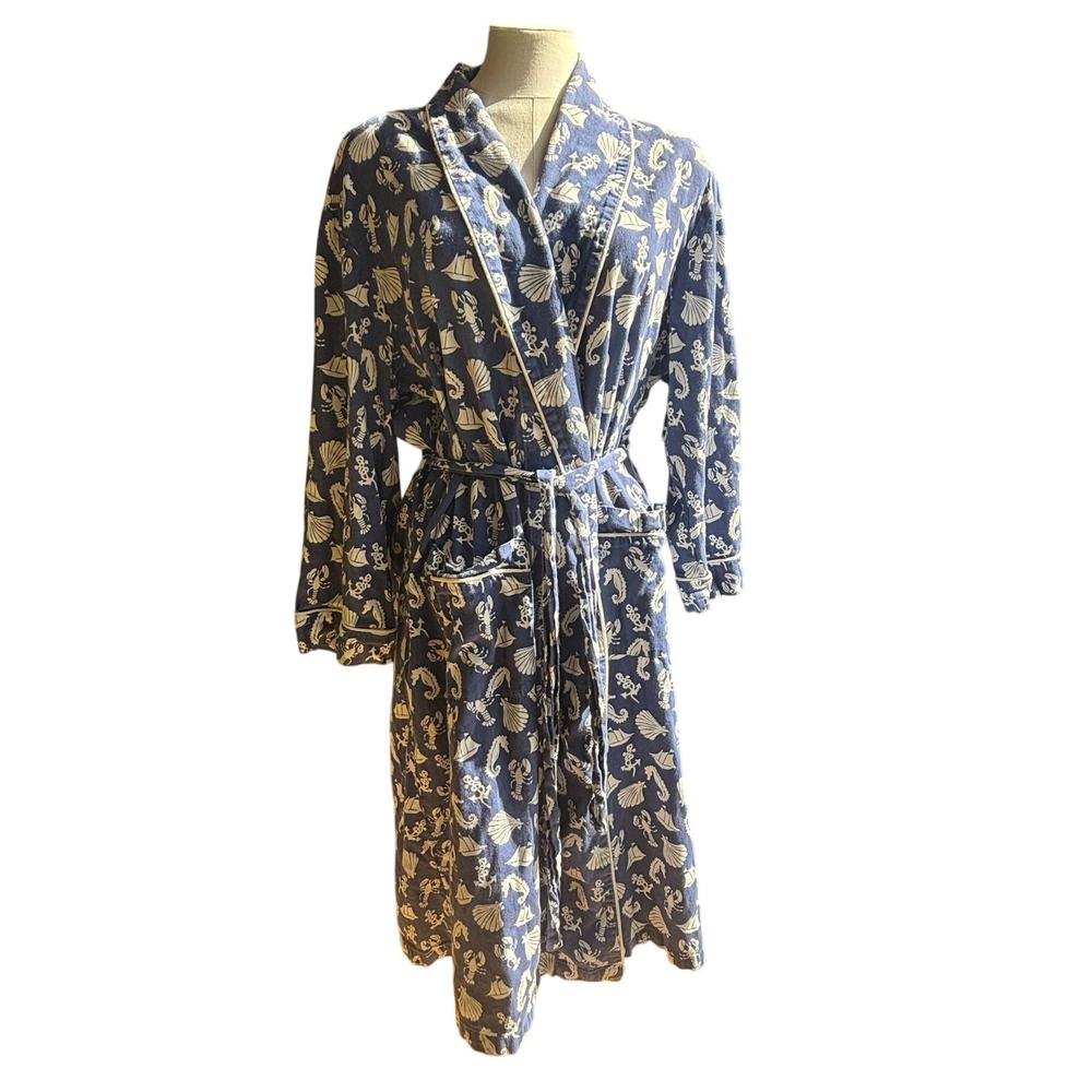 Bedhead Belted Mid length Robe Navy Seashells Sailboats Lobsters Womens M/L